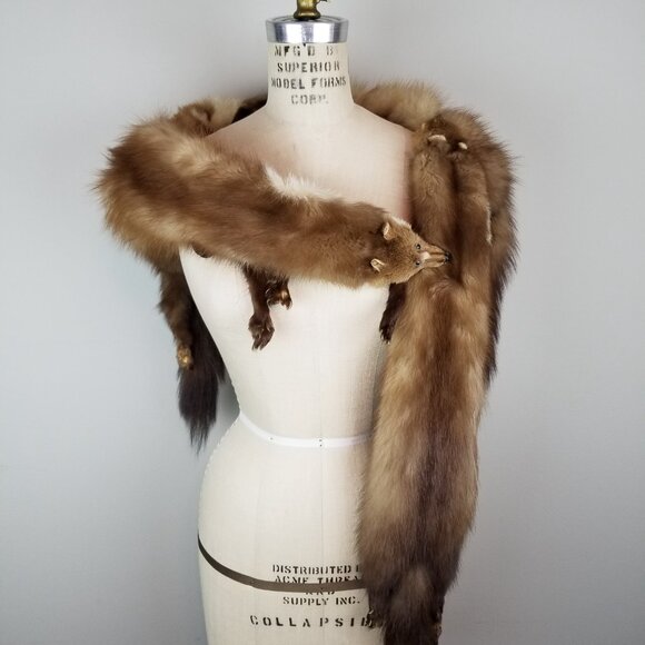 Vintage 1930's Full Mink Fur 3 Pelt Stole Scarf with Heads, Tails & Feet - Picture 3 of 12
